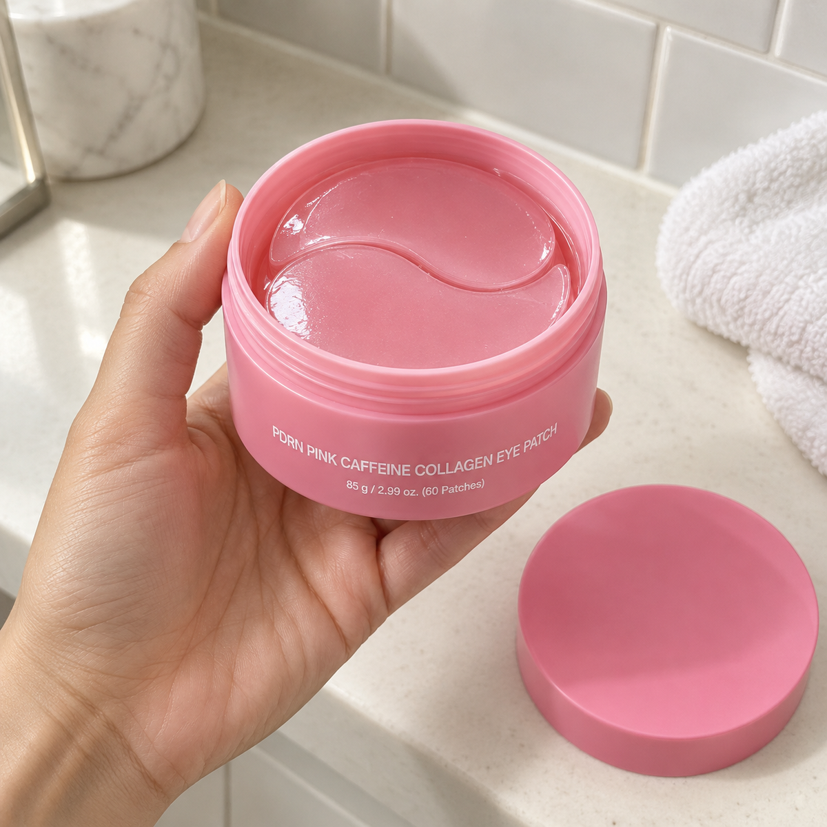 Pink eye-patch jar held in a hand.