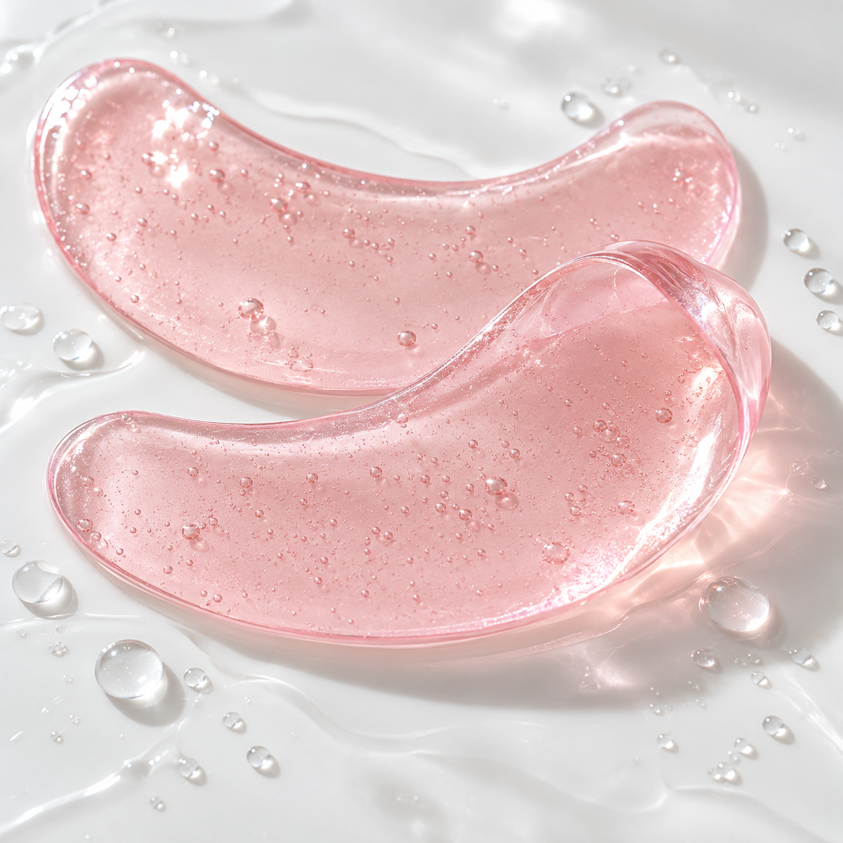 Pink hydrogel eye patches with fresh water droplets