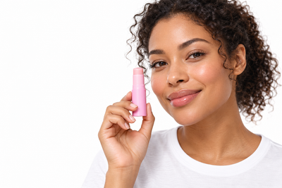 Elvoya campaign portrait holding a pink twist-up balm stick.
